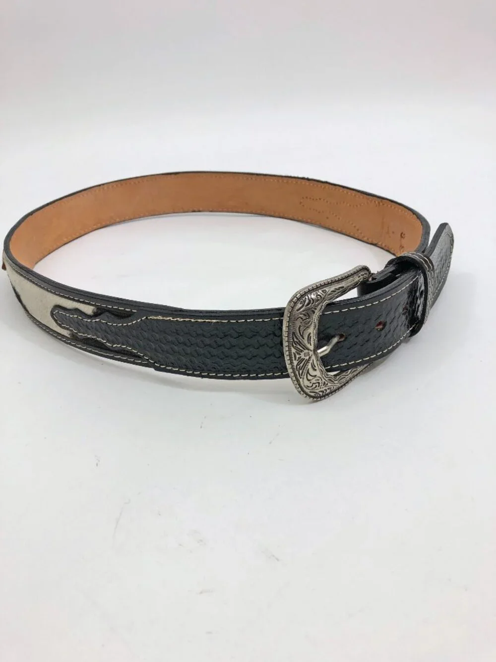 Western leather Belt Size 36 Black Leather & Tan Fur Silvertone Buckle Longhorns